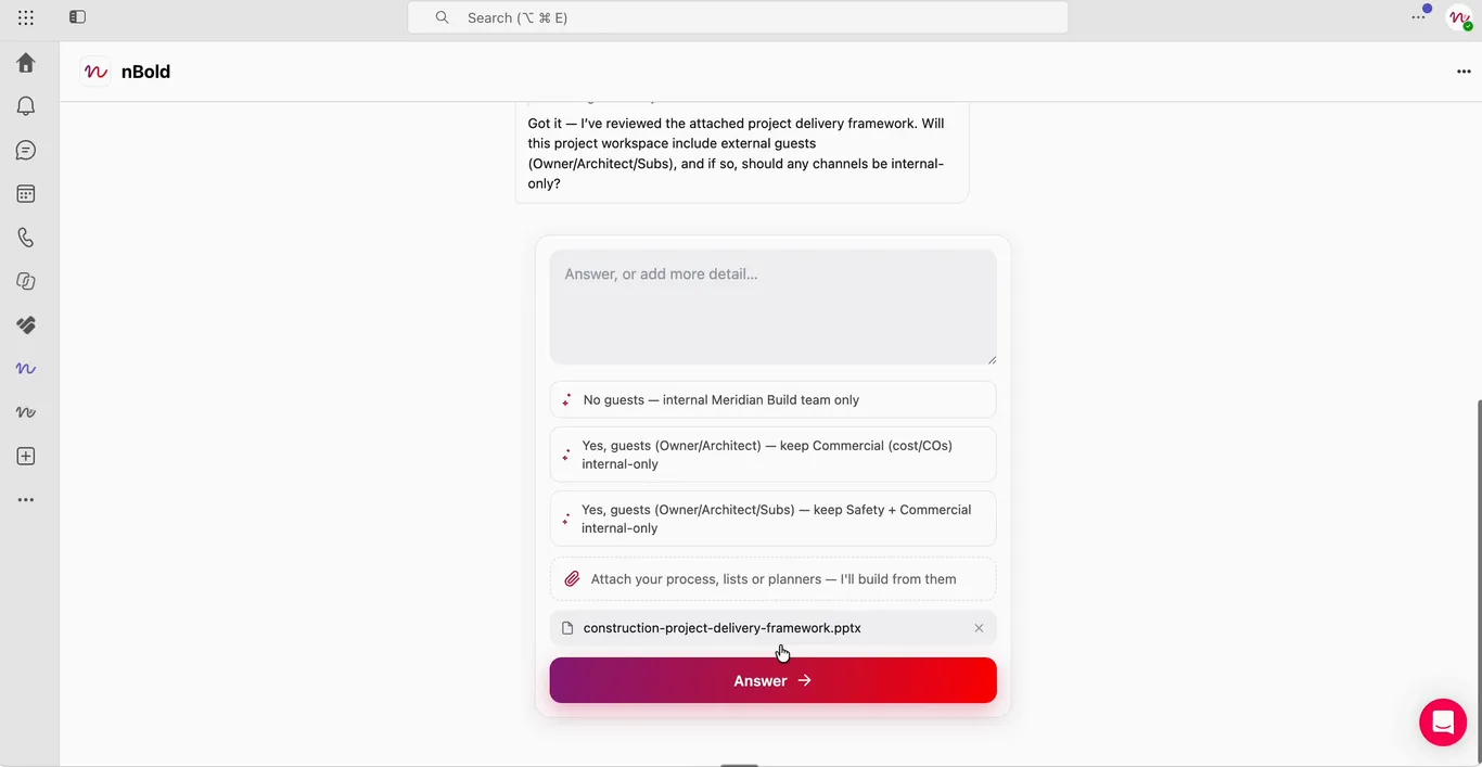 The Template Agent asking a scoping question about external guests, with three quick-answer options