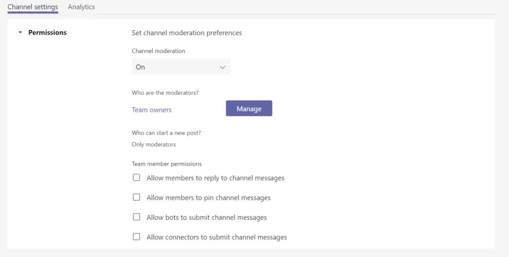 Microsoft teams channel settings