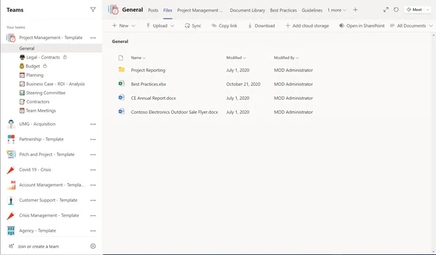 Microsoft Teams template with files and folders