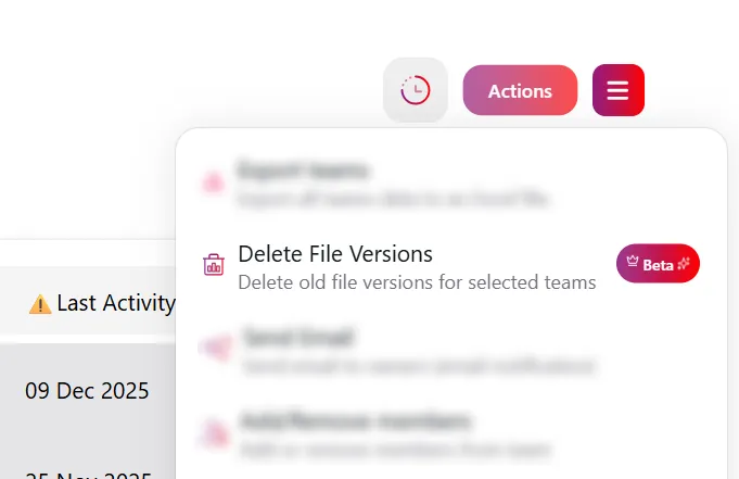 Sélection de l'action en masse Delete File Versions dans le menu Actions