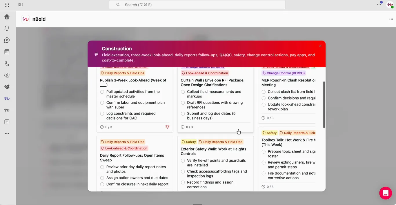 The Construction Control Board Planner with trade-based buckets, task labels and checklists
