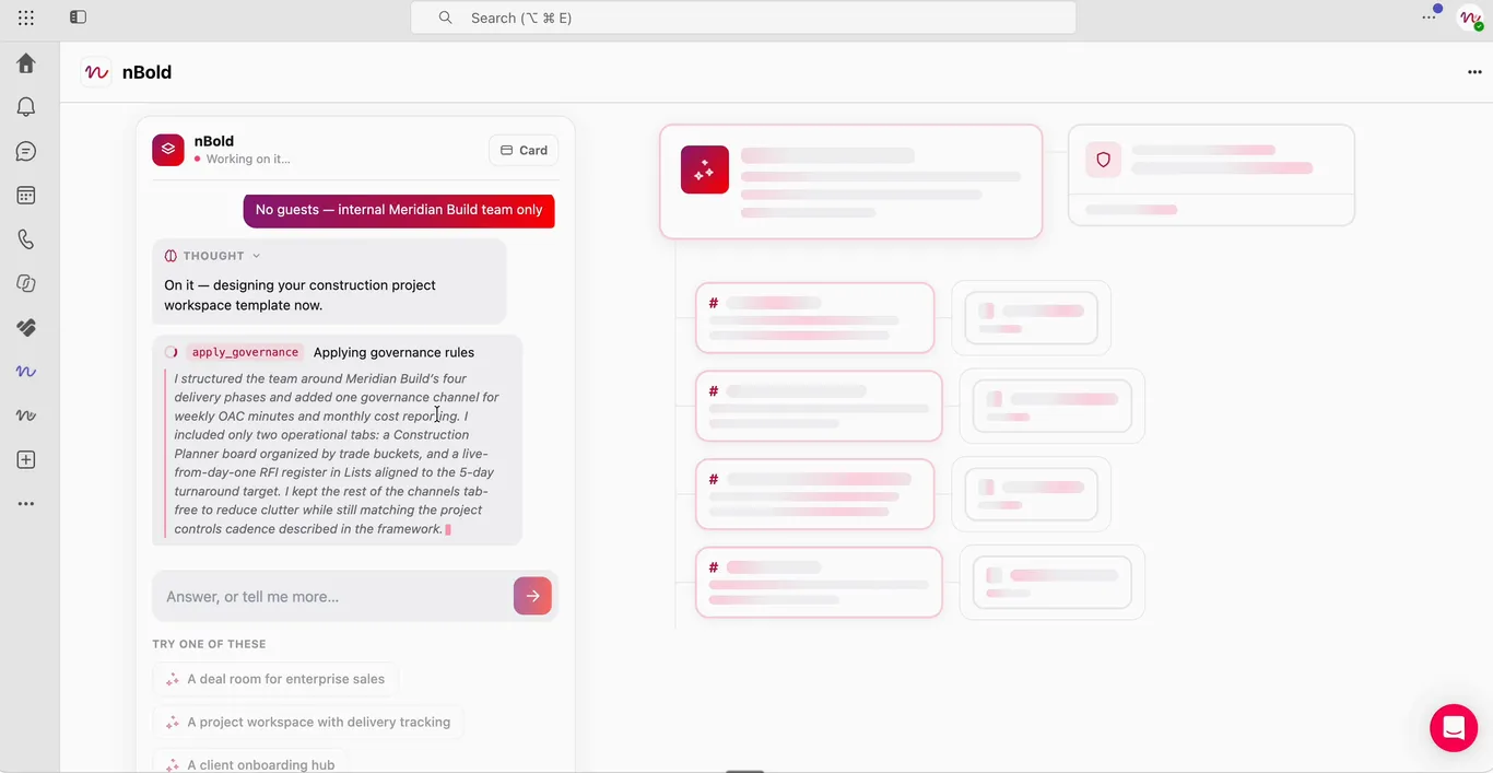 The Template Agent's reasoning panel applying governance rules while the channel and tab structure fills in on the right