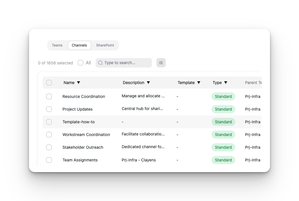 Channels tab in Bulk operations, showing channels across multiple teams with selection checkboxes