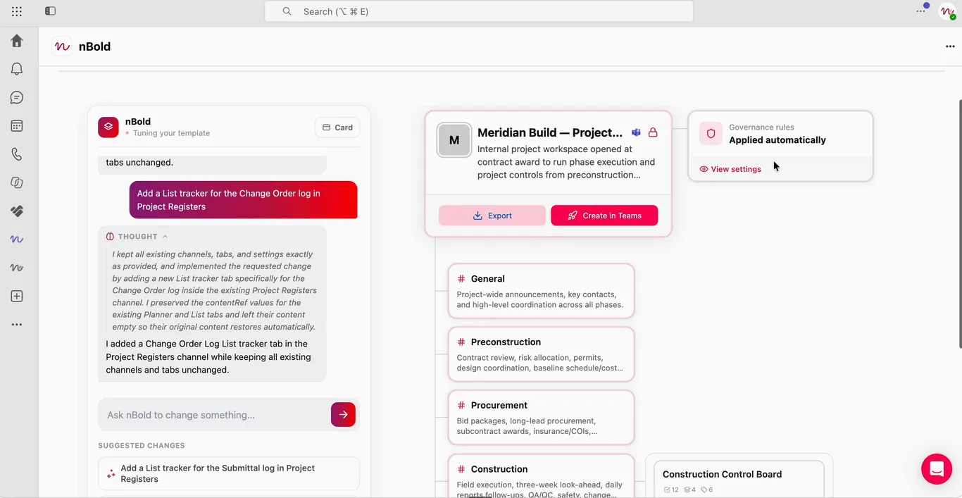 The finished template card for Meridian Build — Project Delivery Template, with governance rules applied automatically and the Create in Teams button