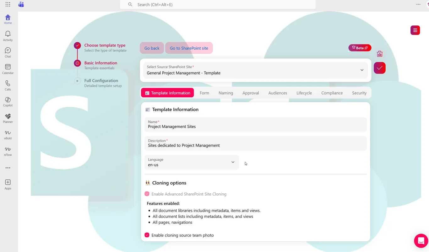 Governance policies screen for a SharePoint template, covering naming, approval, audience, and lifecycle