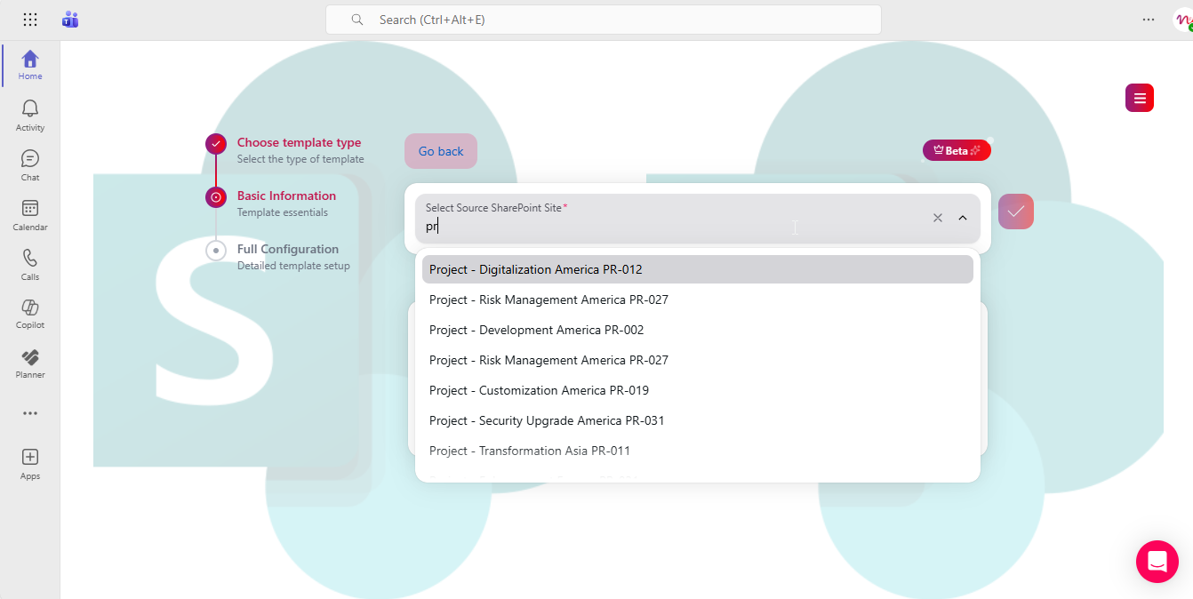 Source SharePoint site picker for a new template