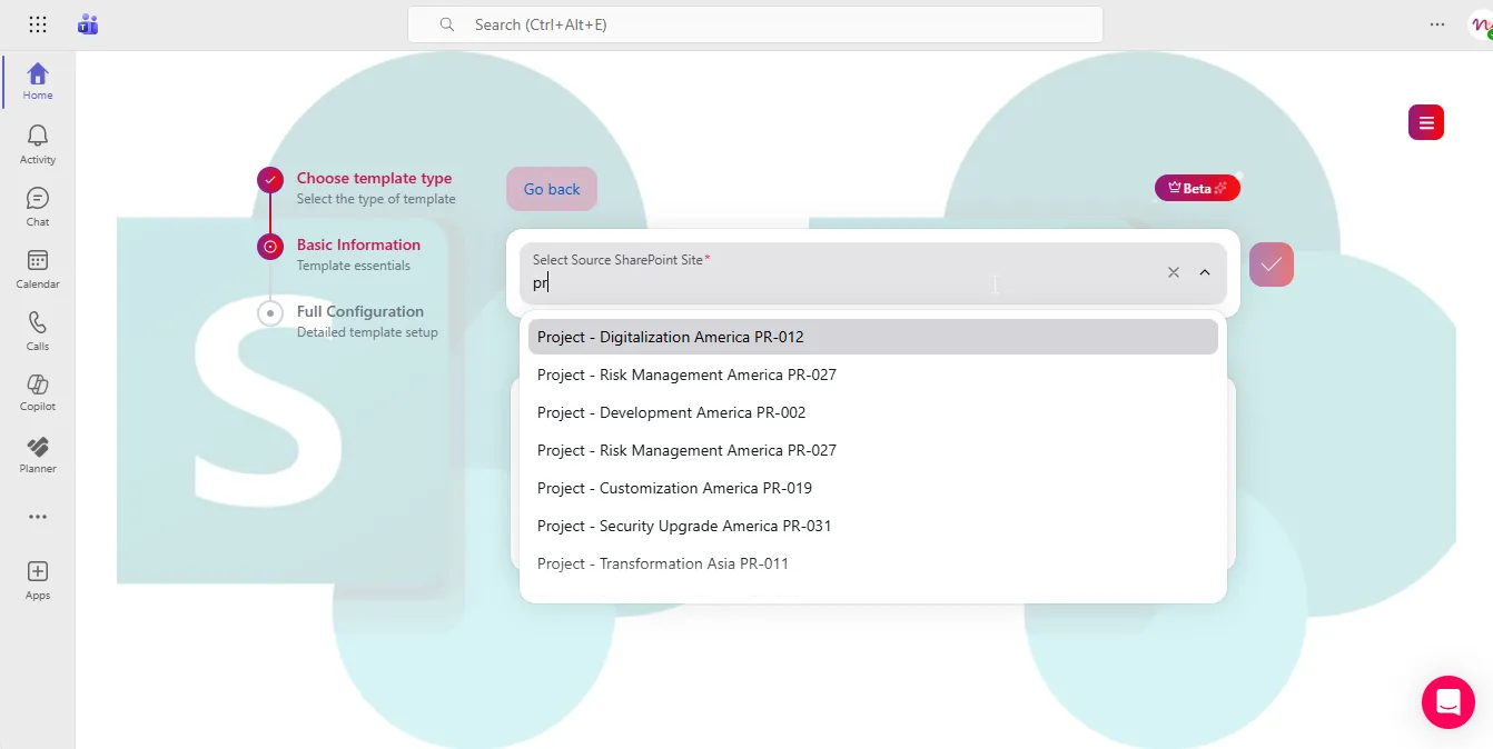 Source SharePoint site picker for a new template