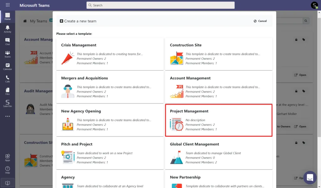 Choose Microsoft Teams template for project management