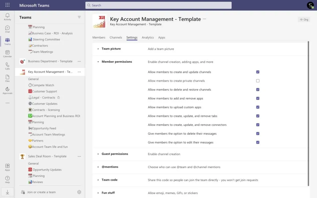 Account Management Teams Template Settings
