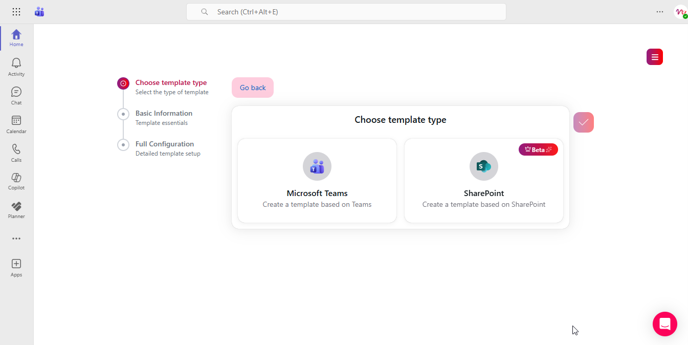 Template type picker showing Microsoft Teams and SharePoint options