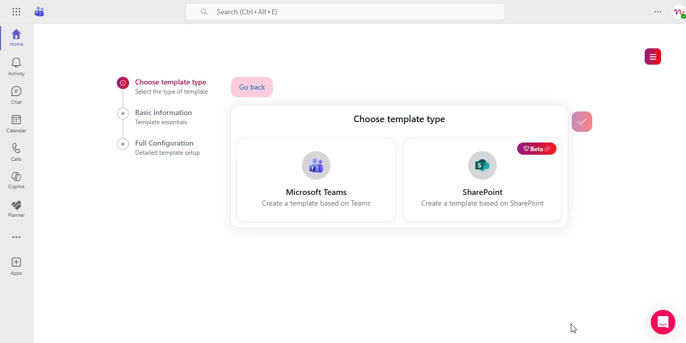 Template type picker showing Microsoft Teams and SharePoint options
