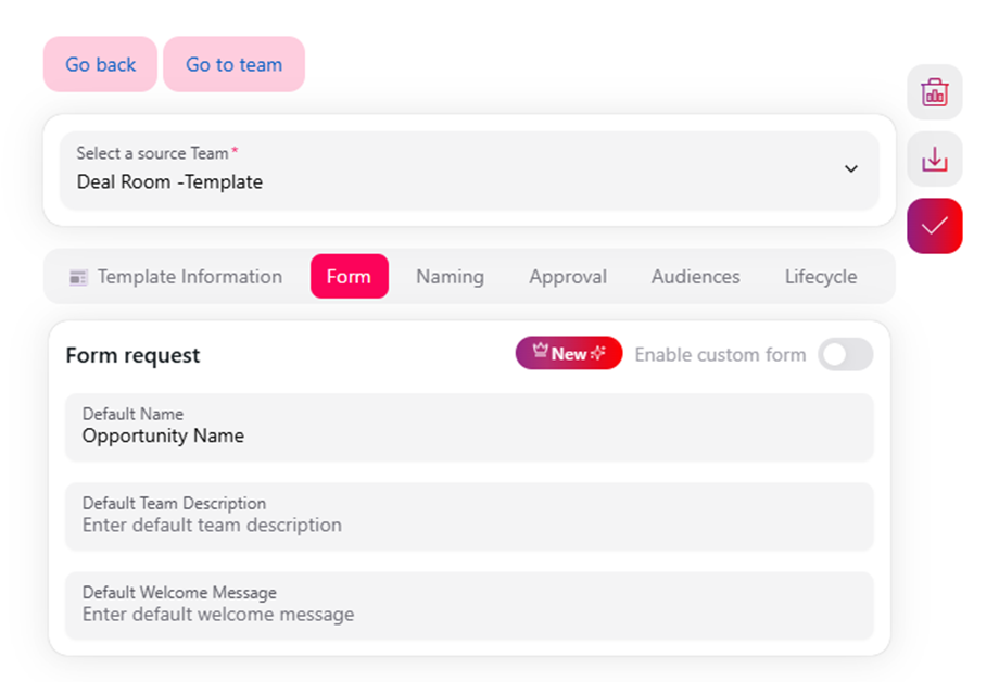 Template editor Form tab with the Enable custom form toggle and default naming fields