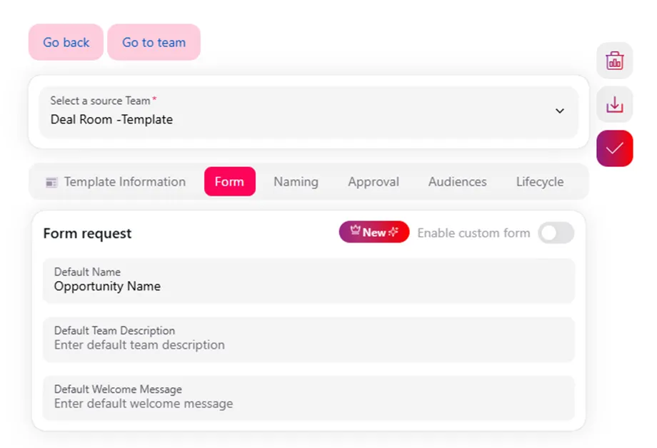 Template editor Form tab with the Enable custom form toggle and default naming fields