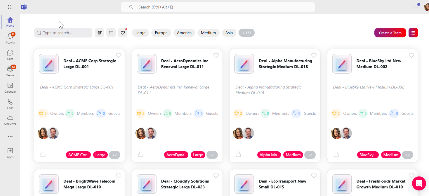 My Teams grid showing team cards with clickable metadata pills