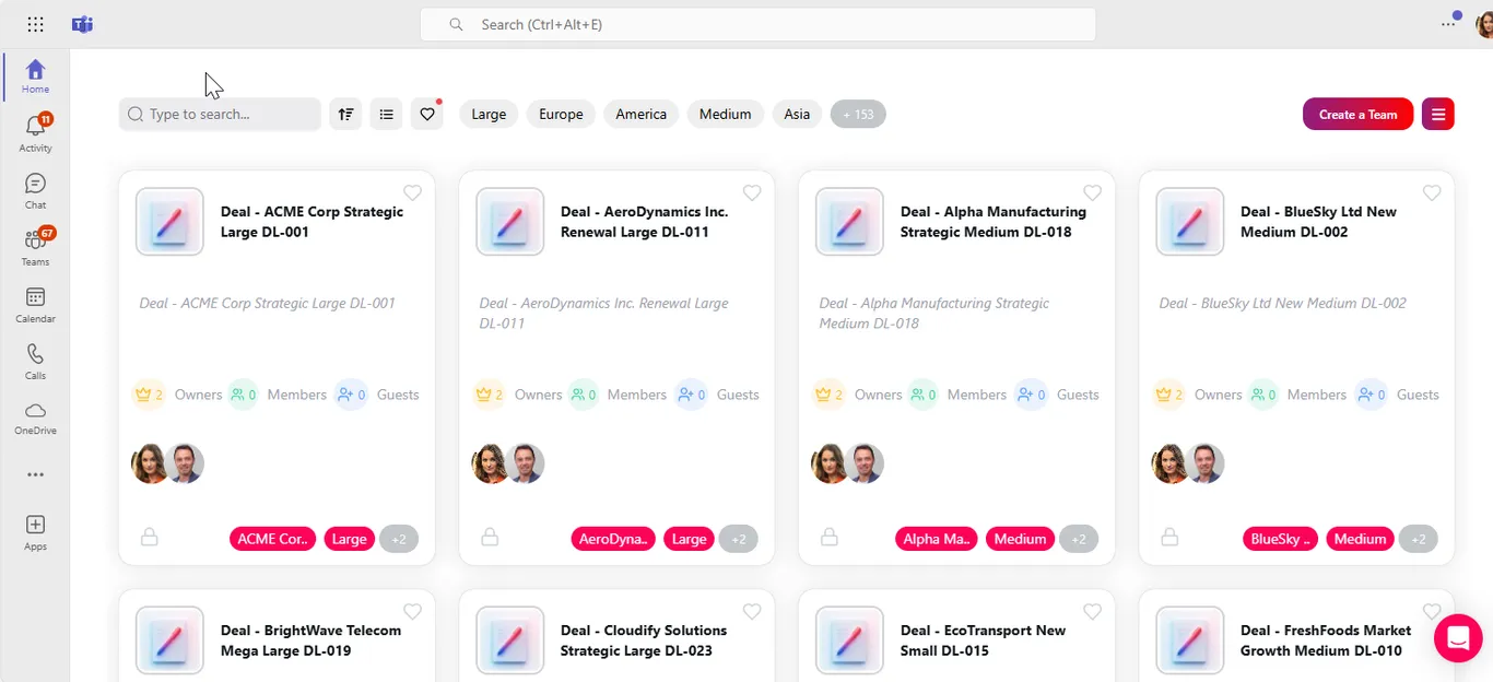 My Teams grid showing team cards with clickable metadata pills