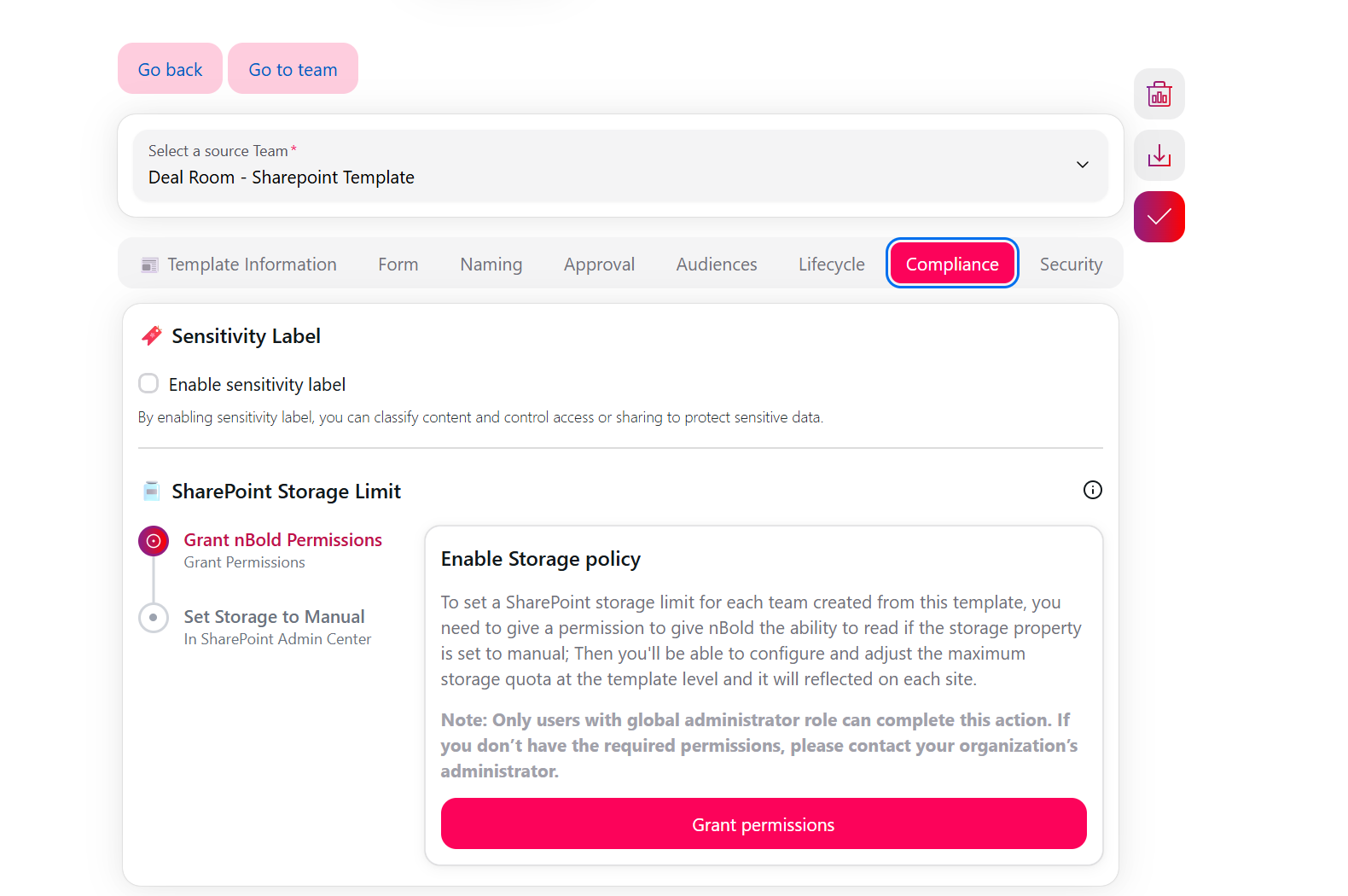 Granting nBold permission to check SharePoint storage mode in the template's Compliance tab