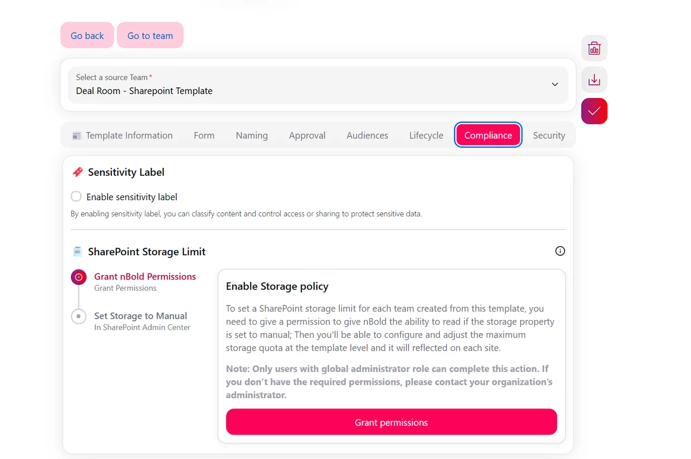 Autorisation accordée à nBold pour vérifier le mode de stockage SharePoint dans l'onglet Conformité du modèle