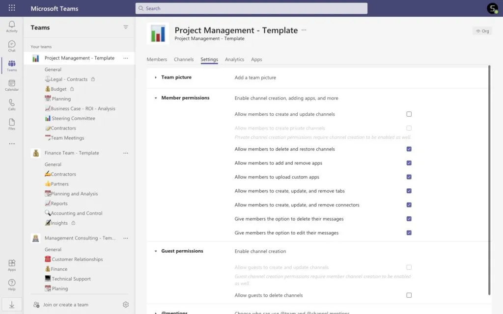 project management teams template settings