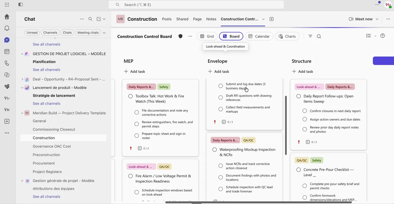The Construction Control Board Planner tab, Board view, inside the Construction channel in Microsoft Teams