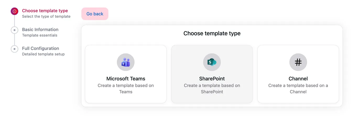 Choosing the Channel template type in nBold, alongside Microsoft Teams and SharePoint templates
