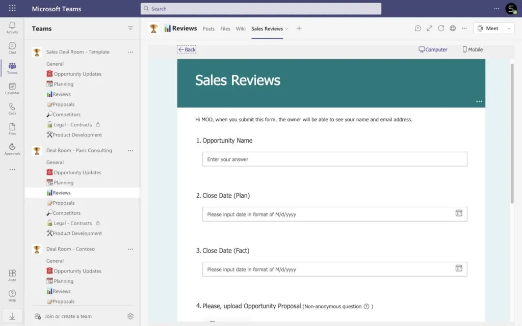 sales deal room Microsoft Forms template