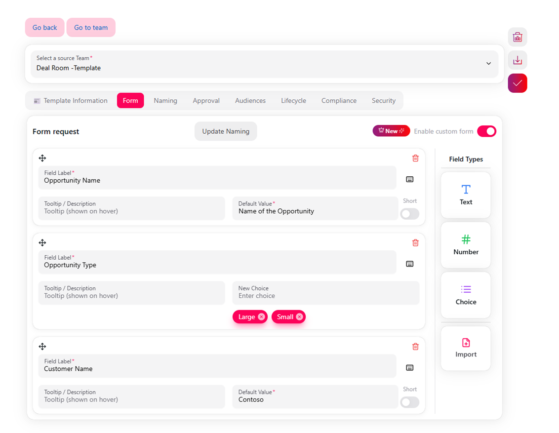 Form field builder showing Text, Number, and Choice field types with defined values