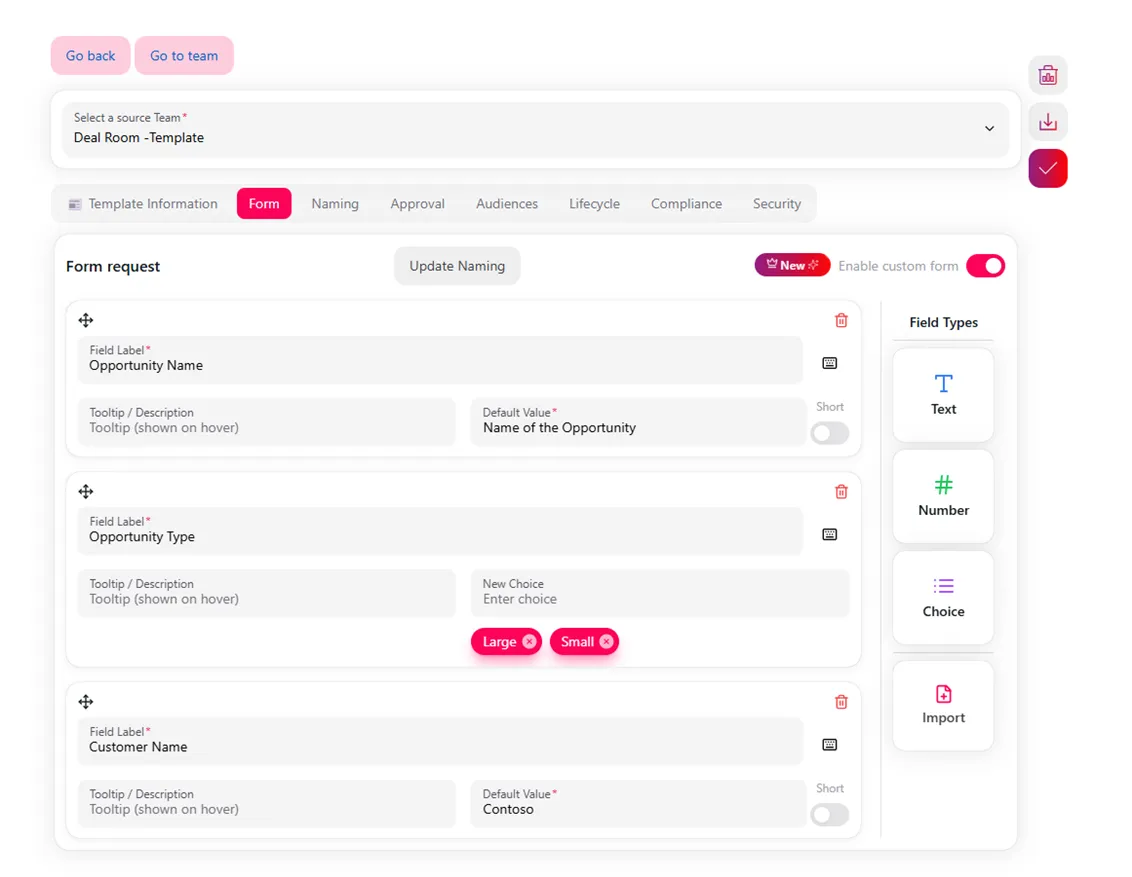 Form field builder showing Text, Number, and Choice field types with defined values