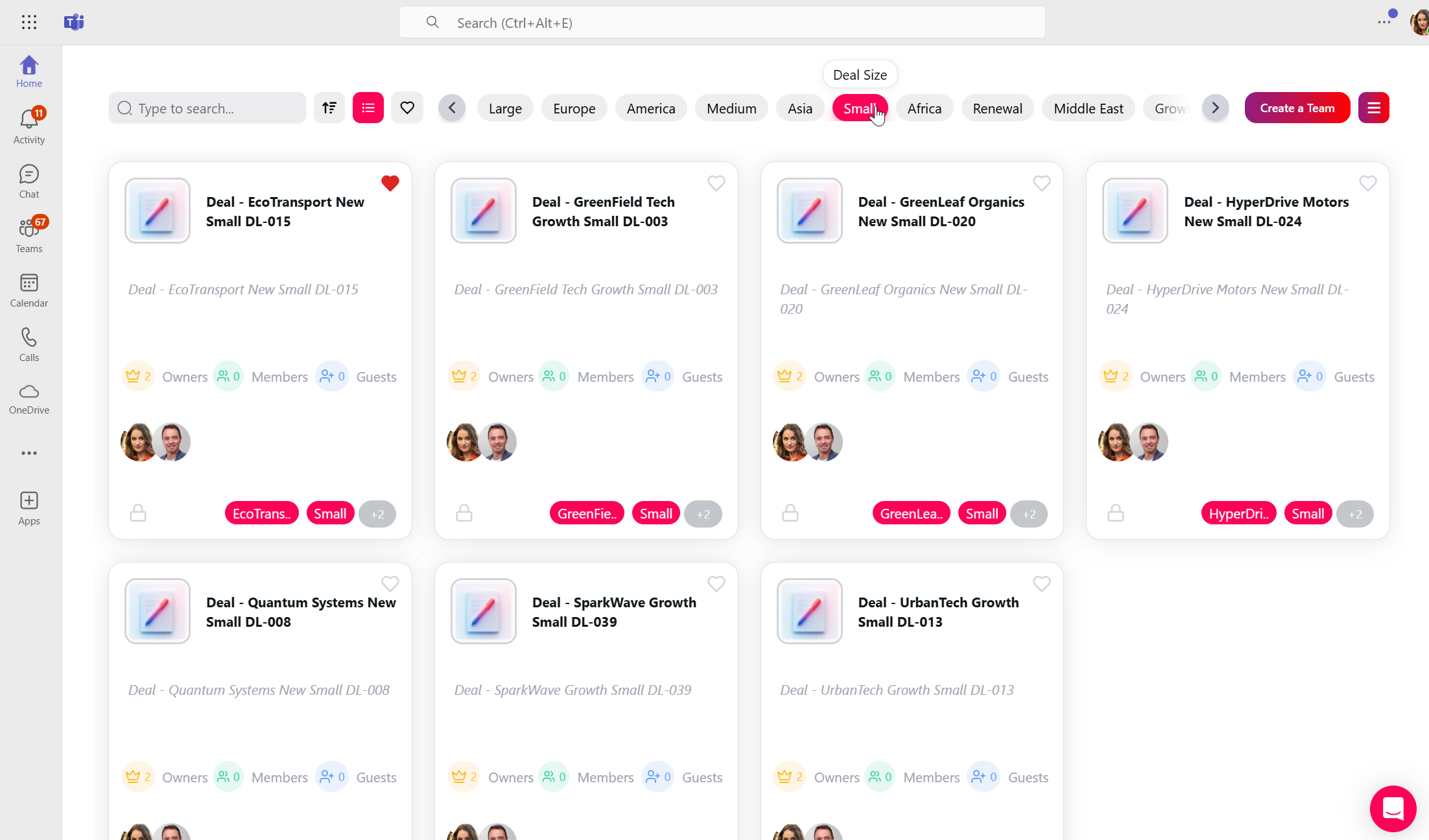Filtering My Teams by a metadata pill combined with a text search