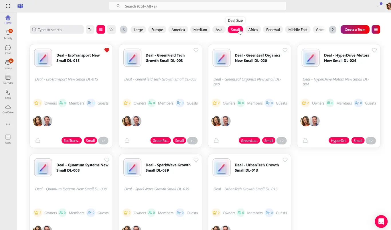Filtering My Teams by a metadata pill combined with a text search