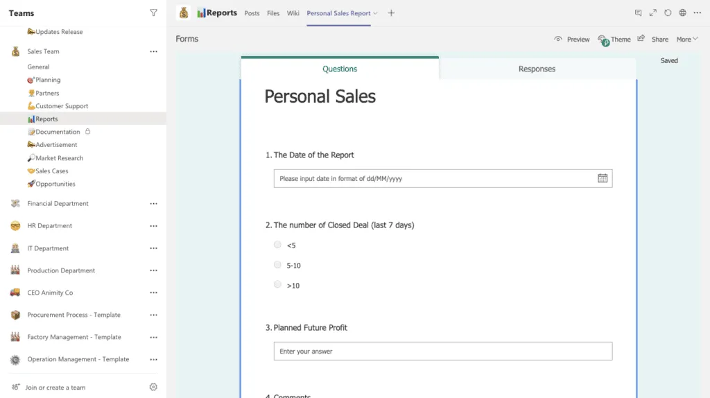 Forms tab for sales in Microsoft Teams