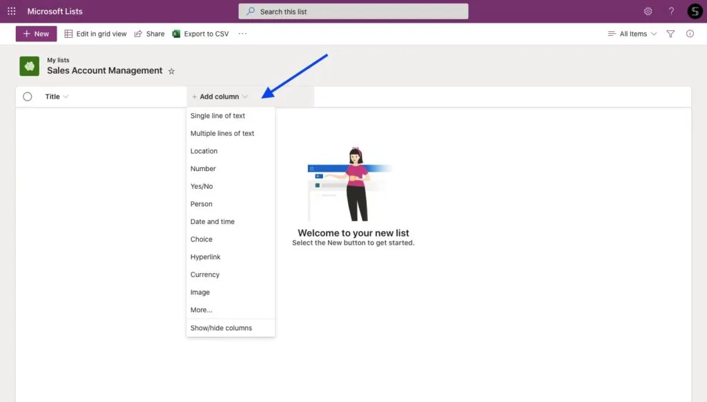 Microsoft Lists add column