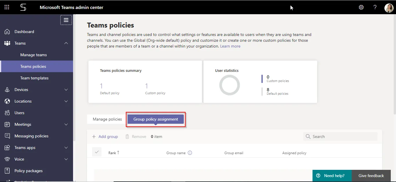 Microsoft Teams admin center group policies