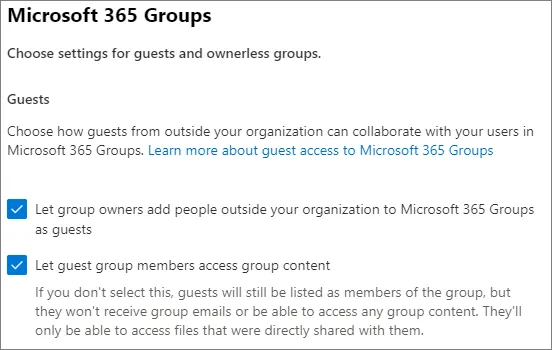 Screenshot of Microsoft 365 Groups guest settings in  Microsoft 365 admin center