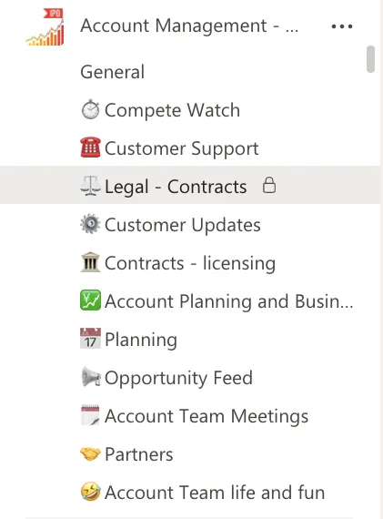 Channels of an account management team in Microsoft Teams