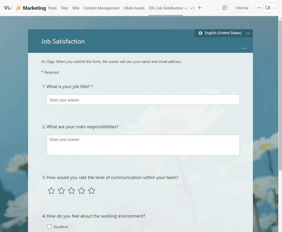 job satisfaction form as a tab in Microsoft teams