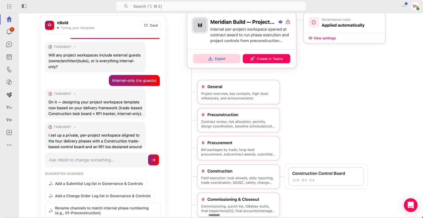 The nBold Template Agent tuning a project workspace template: the conversation with its reasoning on the left, the generated channels, Planner board and governance rules on the right