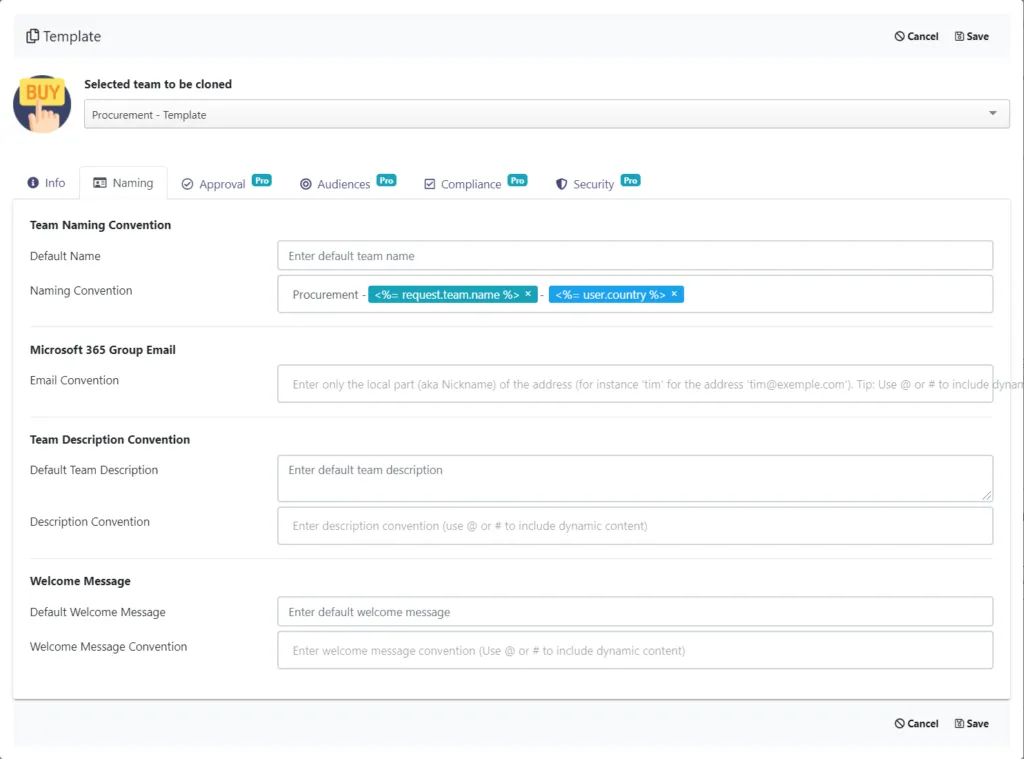 Procurement template naming convention Microsoft Teams
