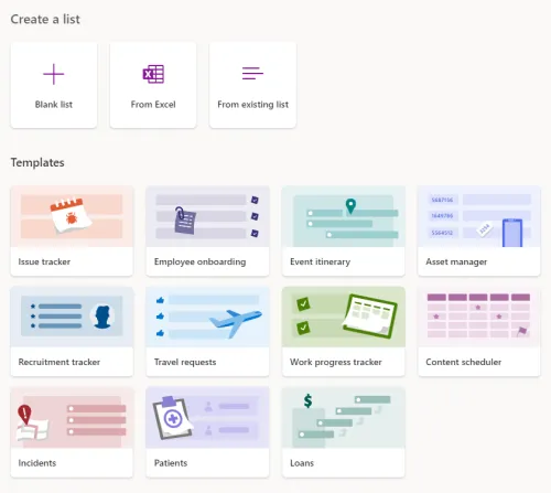 The Create a list page