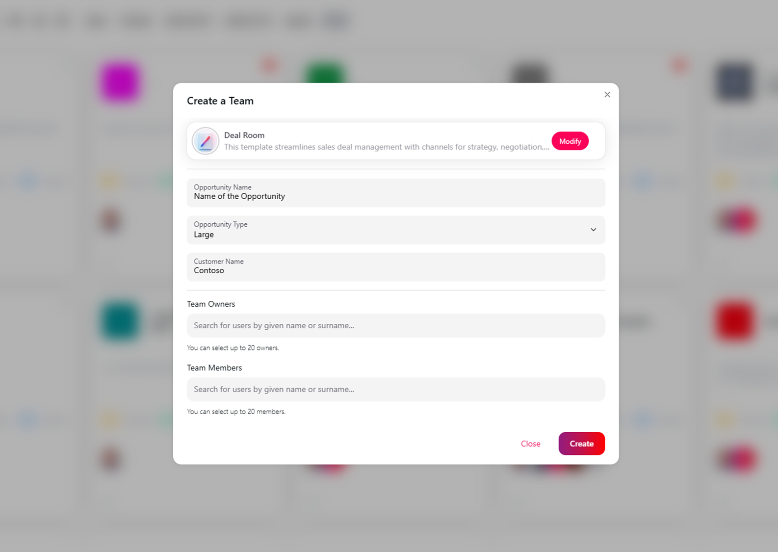 Team creation dialog showing a Deal Room template's custom form fields for opportunity name, type, and customer