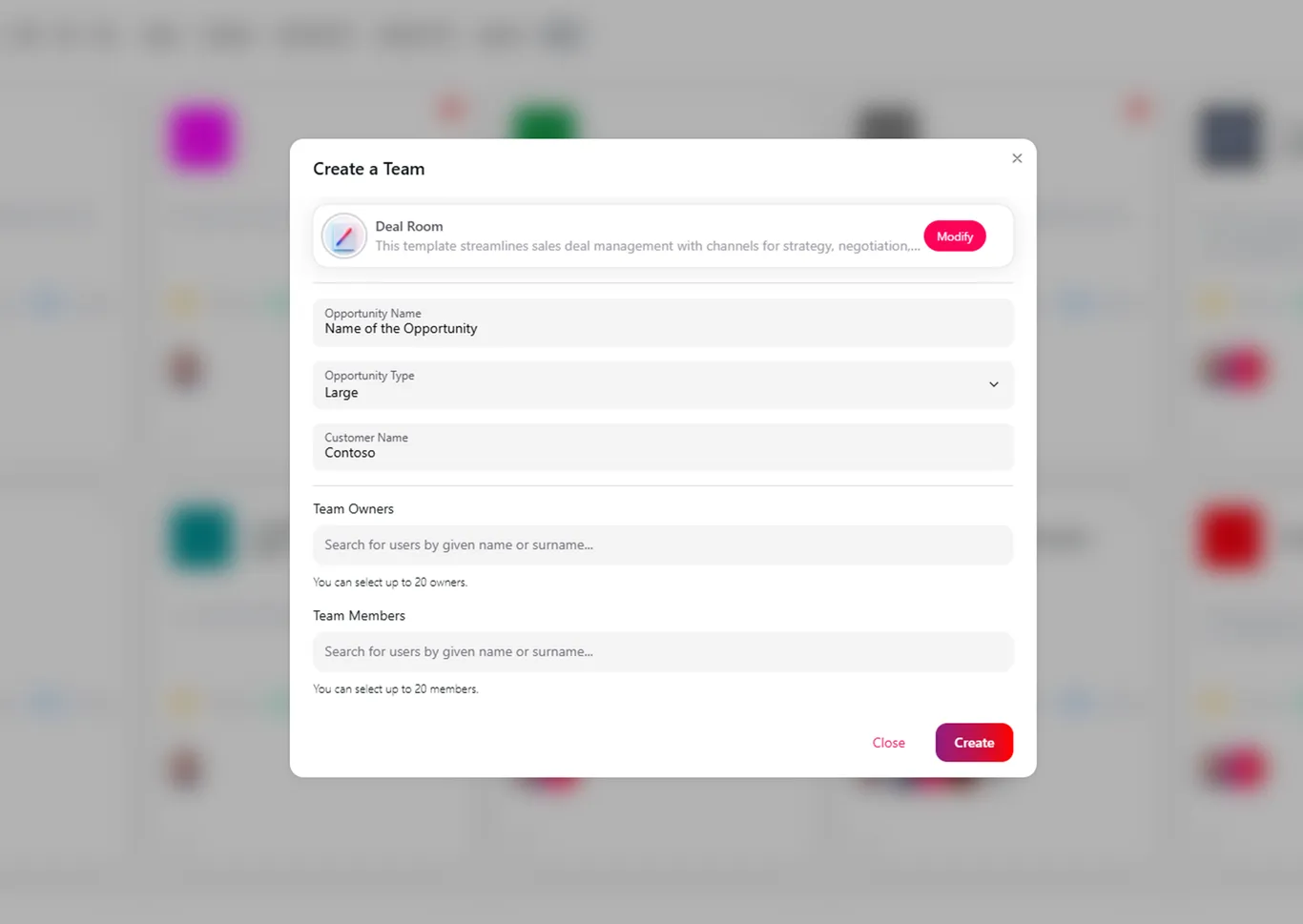 Team creation dialog showing a Deal Room template's custom form fields for opportunity name, type, and customer