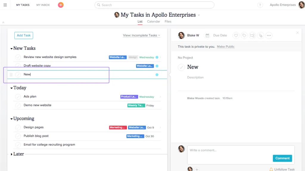 Asana create tasks