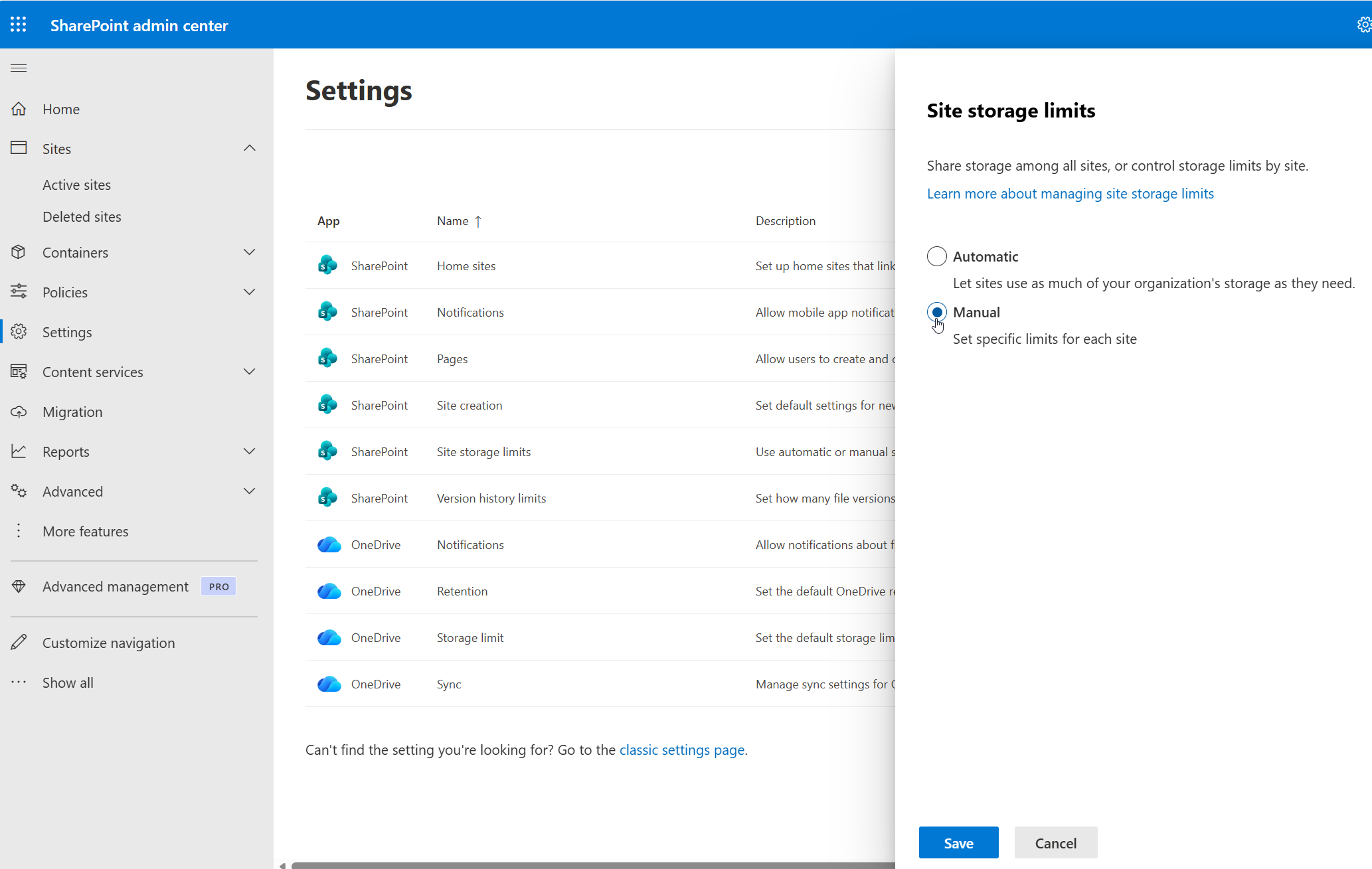 Switching SharePoint storage management from Automatic to Manual in the SharePoint Admin Center