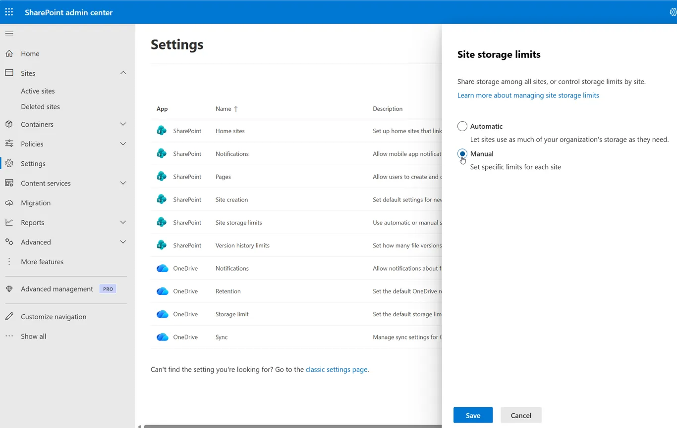 Passage du mode de gestion du stockage SharePoint d'Automatique à Manuel dans le centre d'administration SharePoint