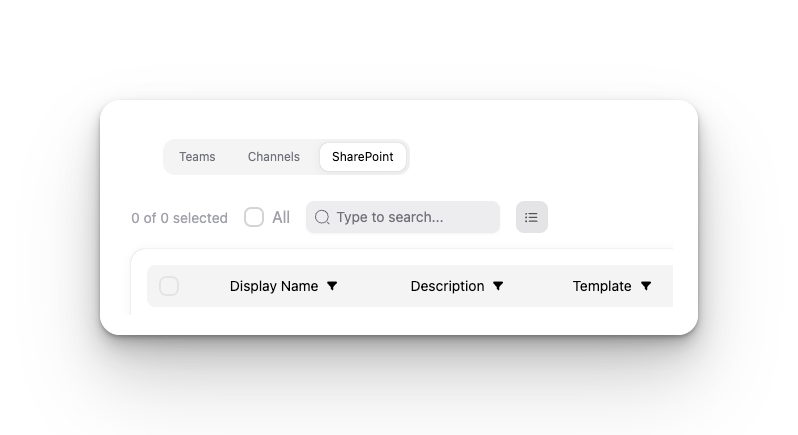 SharePoint tab in Bulk operations, listing standalone sites with filters