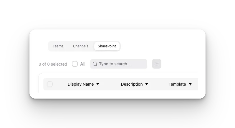 Onglet SharePoint dans Bulk, listant les sites autonomes avec leurs filtres