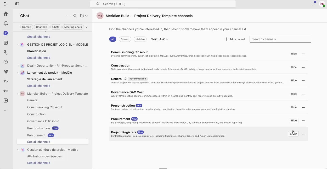 The Meridian Build team in Microsoft Teams with its seven channels, each marked New