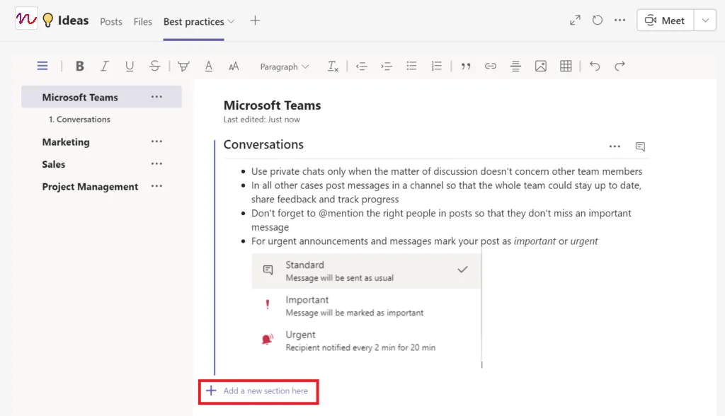 adding sections to wiki in microsoft teams