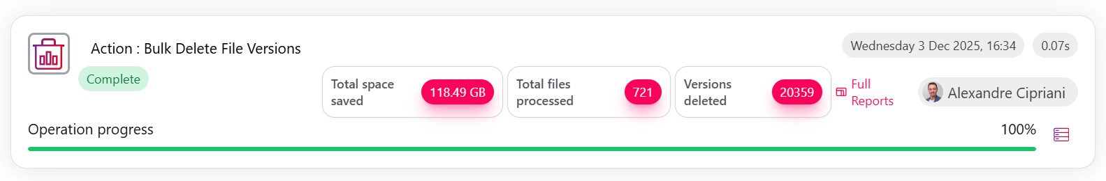Storage Cleanup Summary report showing total space saved and per-file breakdown
