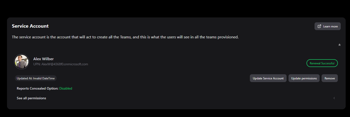 nFlow Service Account panel showing Renewal Successful status