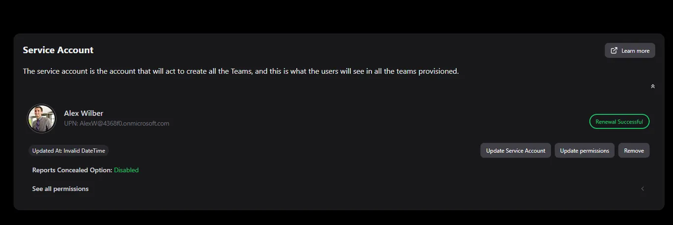 nFlow Service Account panel showing Renewal Successful status